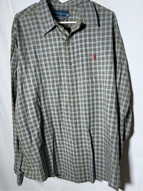 Ralph Lauren Men’s Brown & Light Blue Plaid Button-Down Shirt with Red Pony